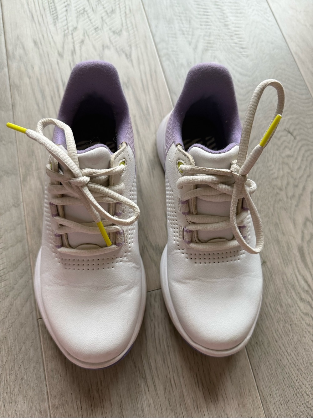 GOLF Sneakers-  FJWhite Sneakers with Lavender Inner Lining and Yellow Lace Tips